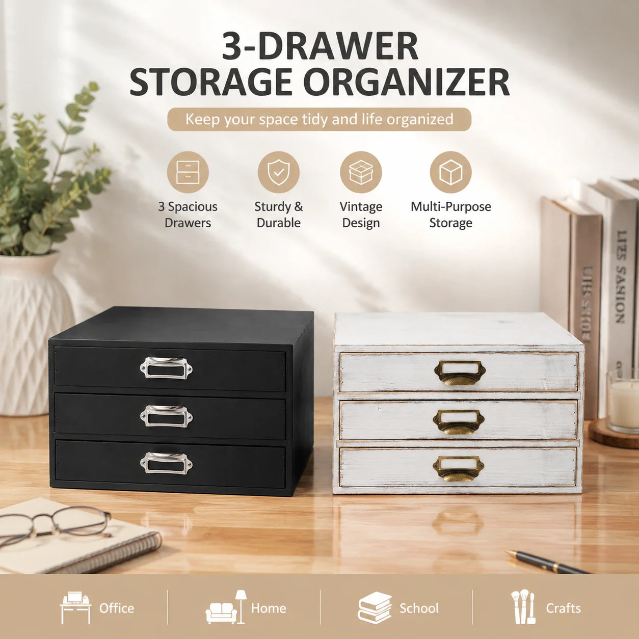 3-Drawer Wooden Storage Organizer Box