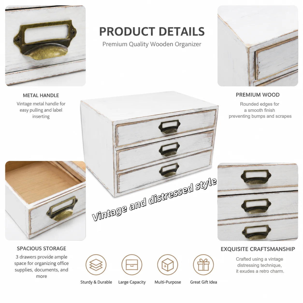 3-Drawer Wooden Storage Organizer Box