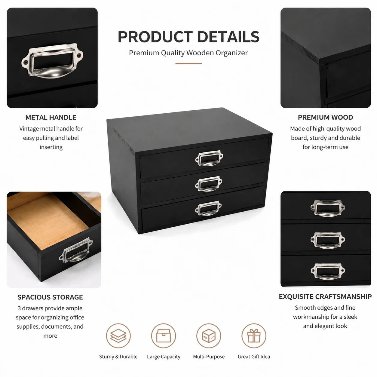 3-Drawer Wooden Storage Organizer Box