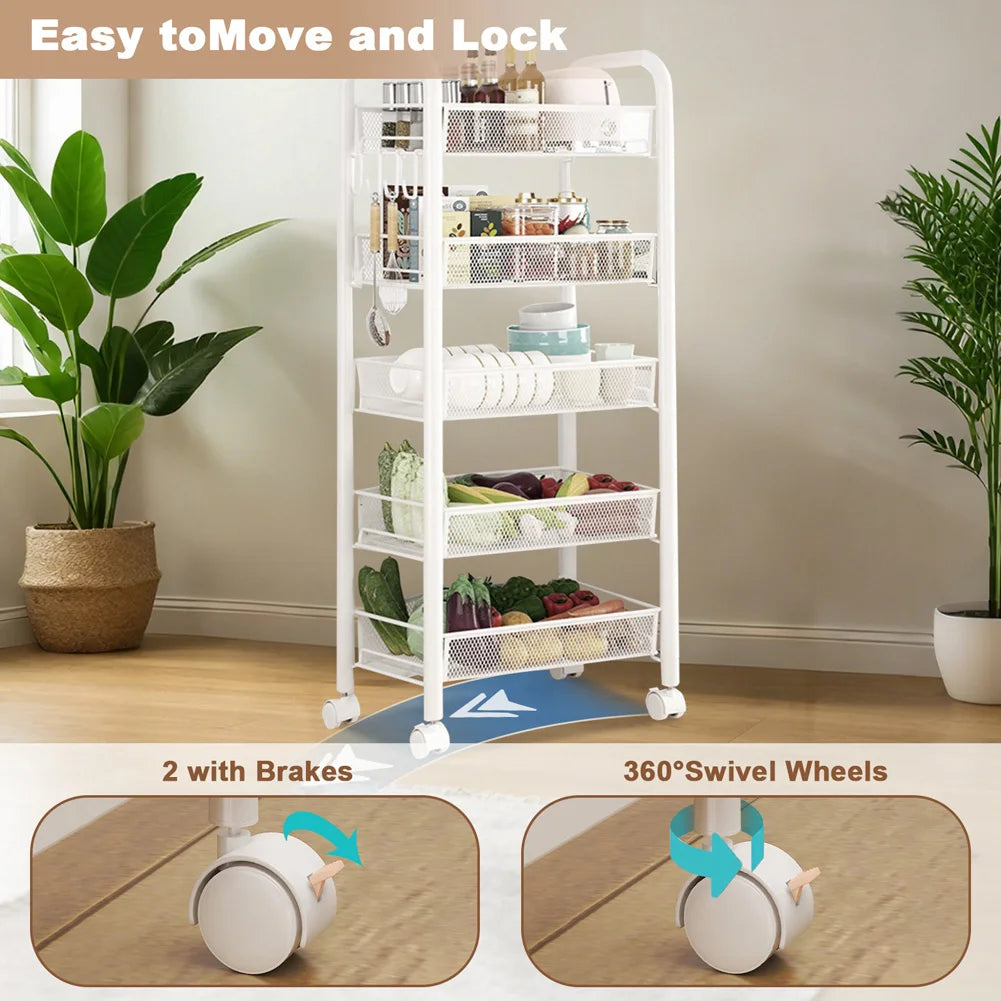 5 Tier Rolling Cart White Storage Metal Rolling Cart
