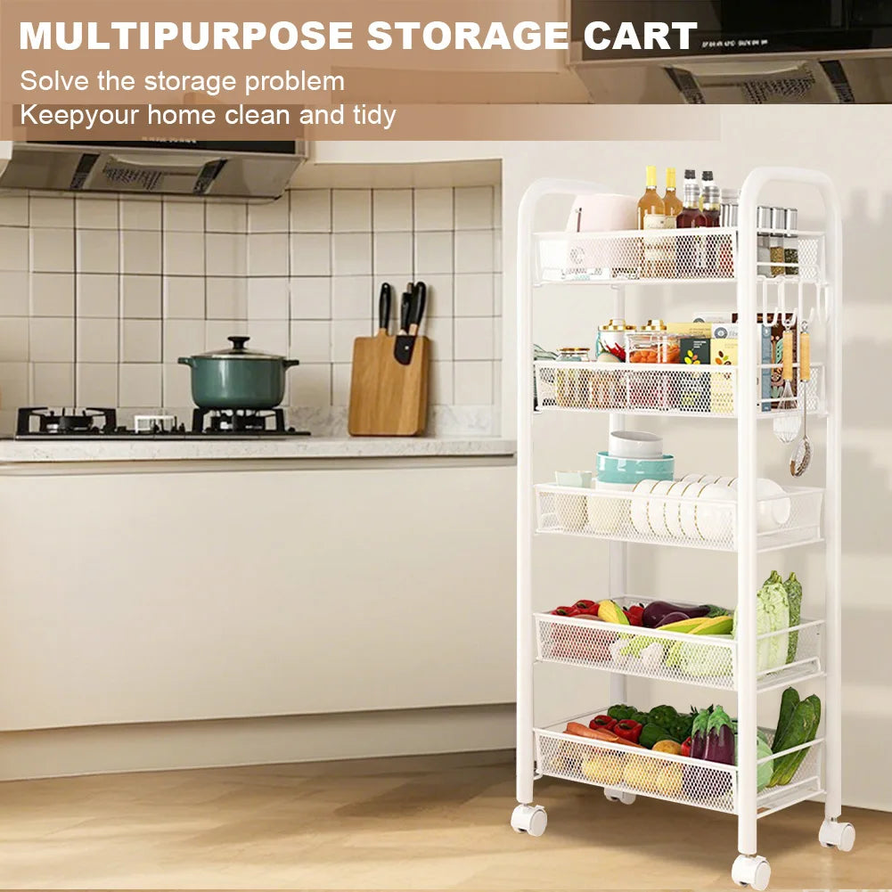 5 Tier Rolling Cart White Storage Metal Rolling Cart