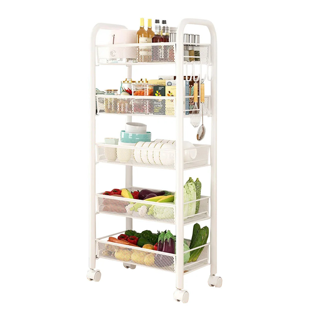 5 Tier Rolling Cart White Storage Metal Rolling Cart