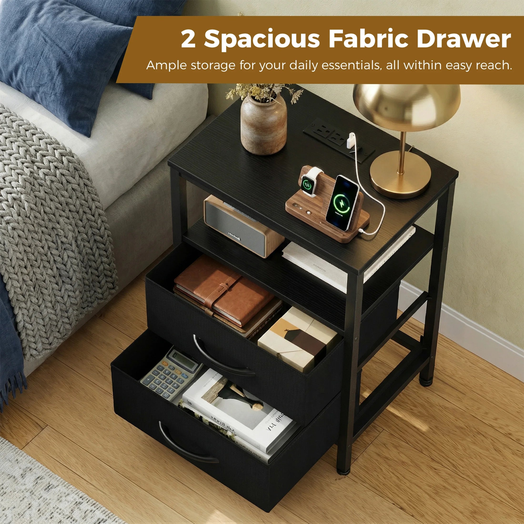 JHK 2 Fabric Drawers Night Stand