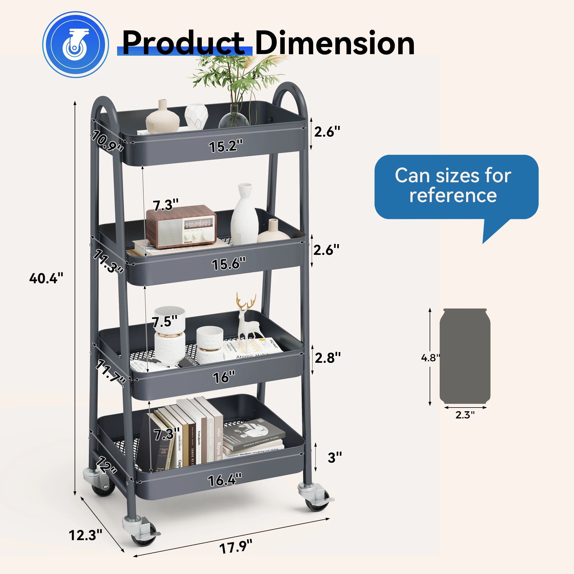 JHK 4 Tier Metal Storage Kitchen Cart