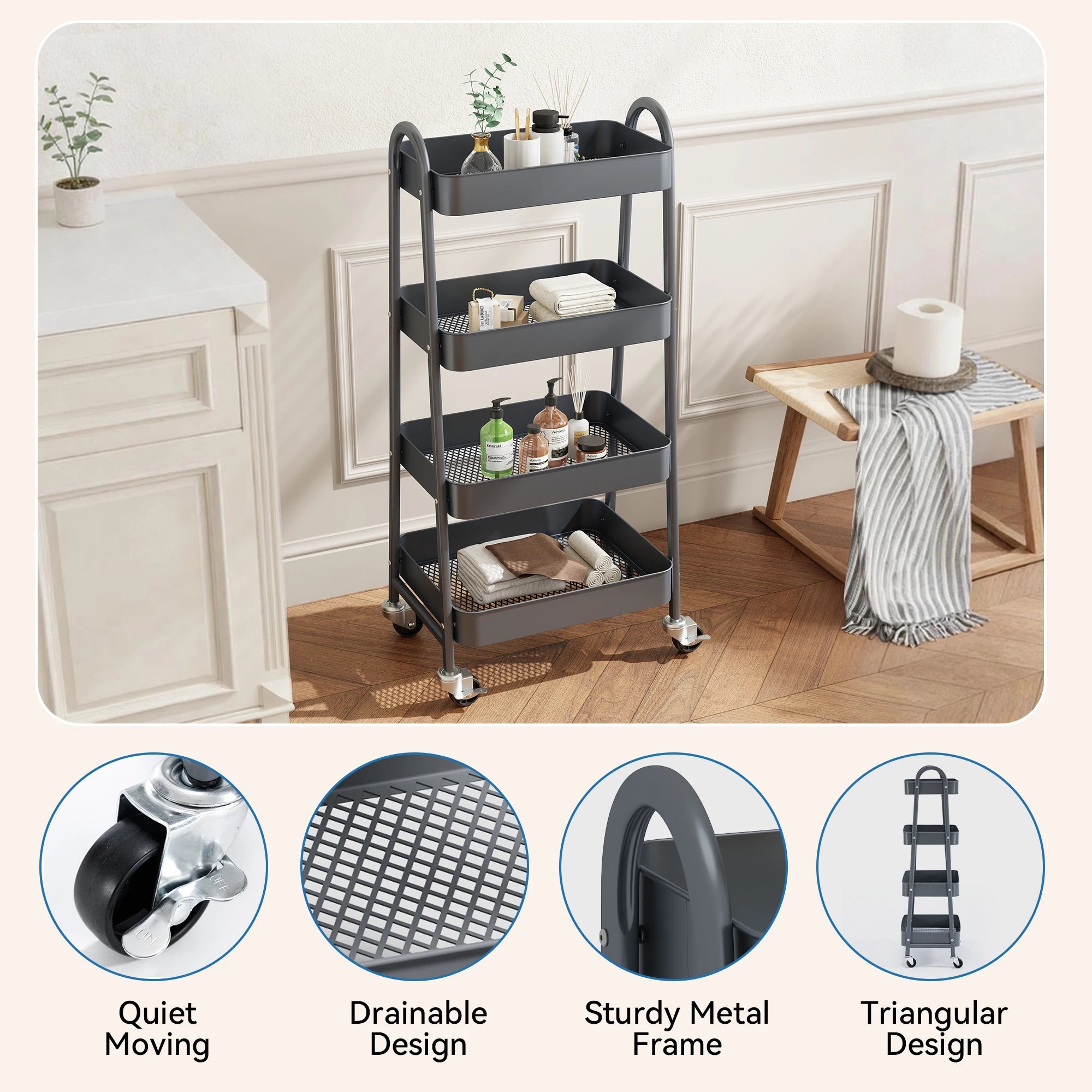 JHK 4 Tier Metal Storage Kitchen Cart