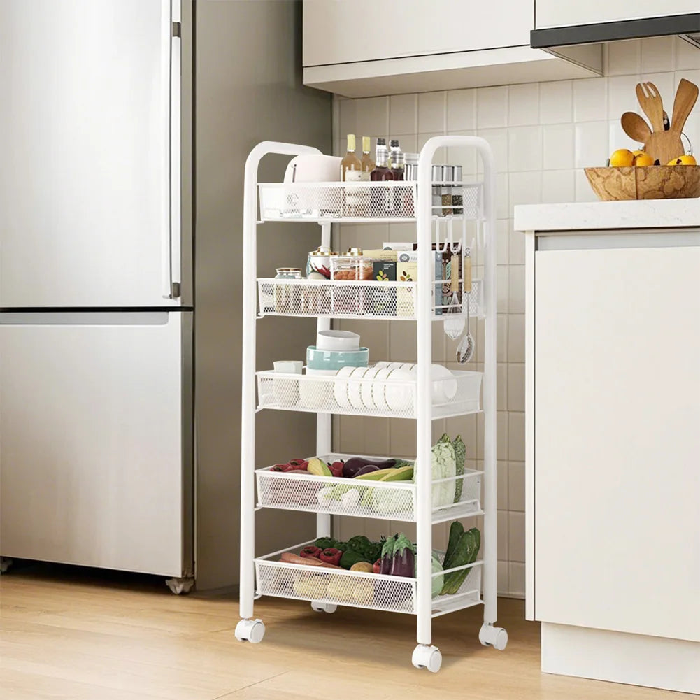 5 Tier Rolling Cart White Storage Metal Rolling Cart