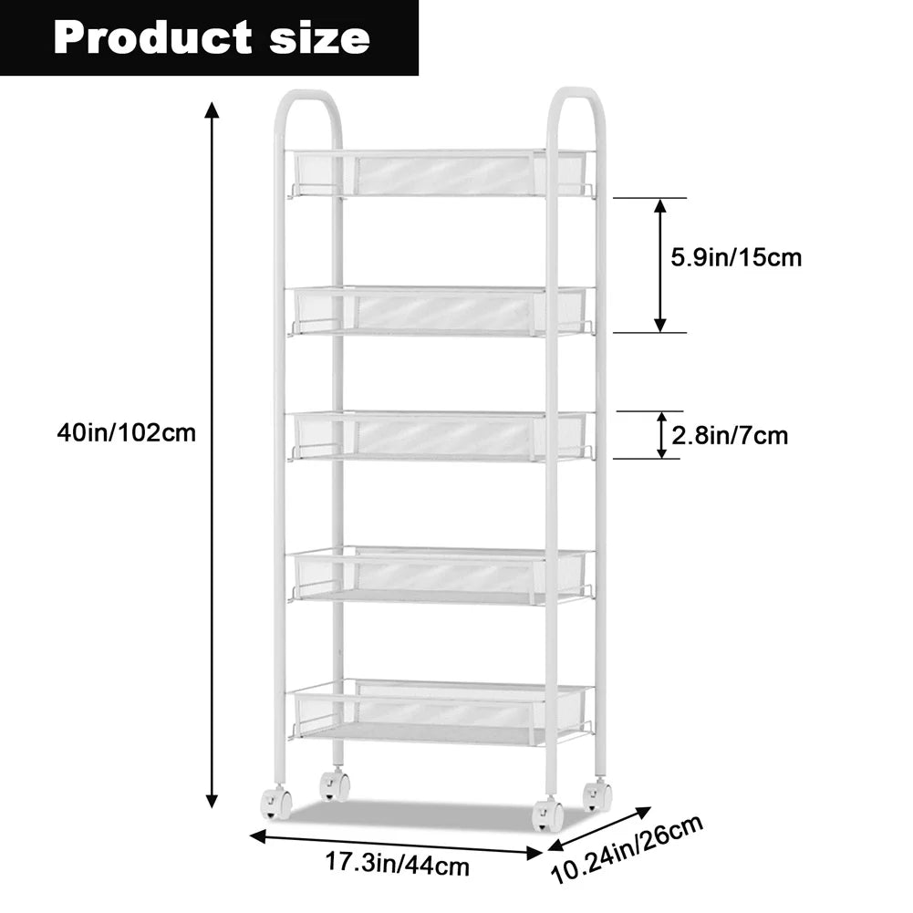 5 Tier Rolling Cart White Storage Metal Rolling Cart