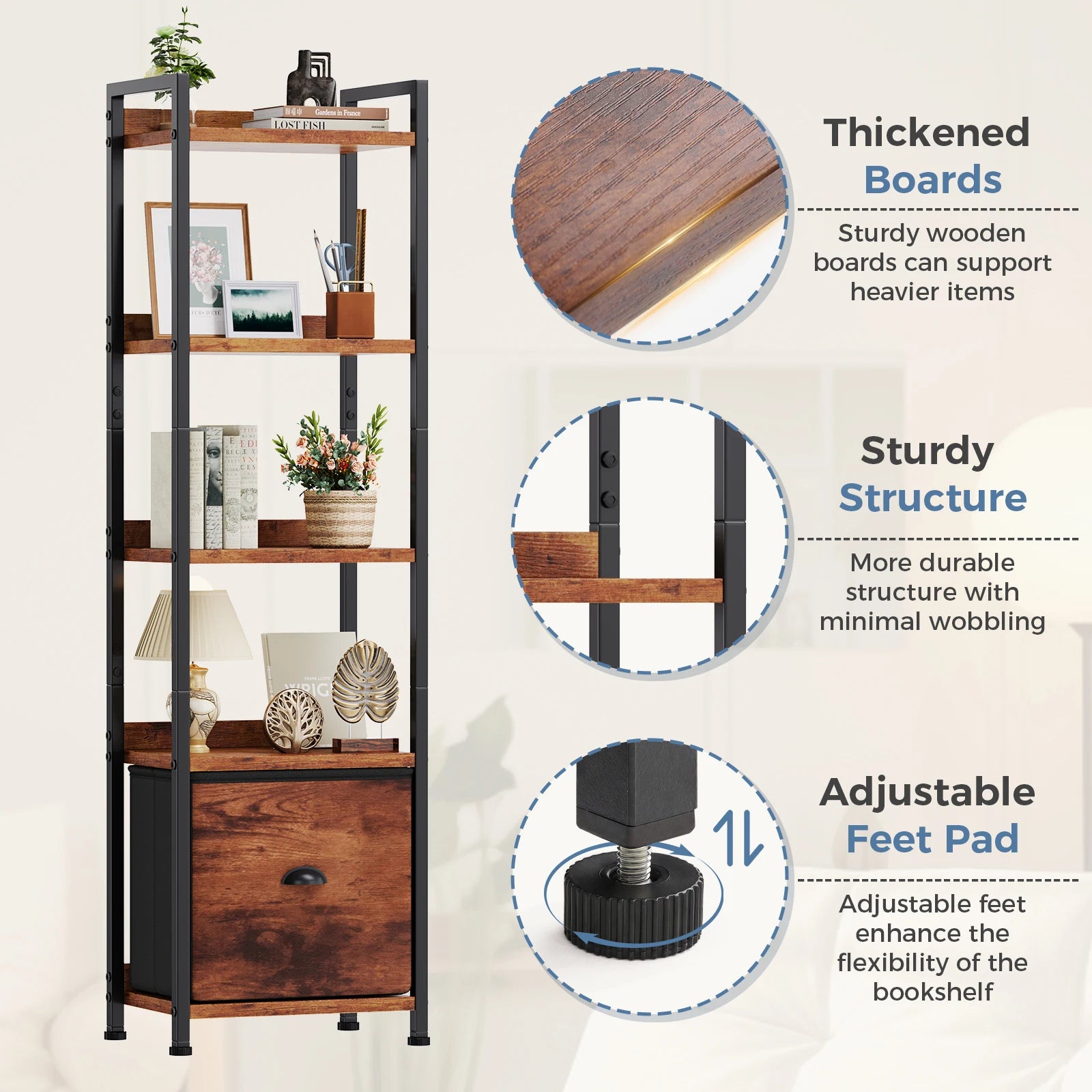 JHK Wood 5 Tier Bookshelf